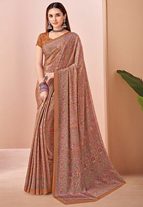 Digital Printed Crepe Saree in Orange