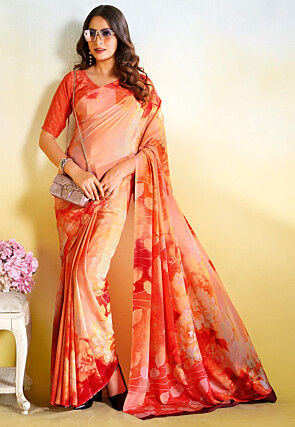 Digital Printed Crepe Saree in Orange
