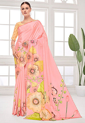 Digital Printed Crepe Saree in Peach