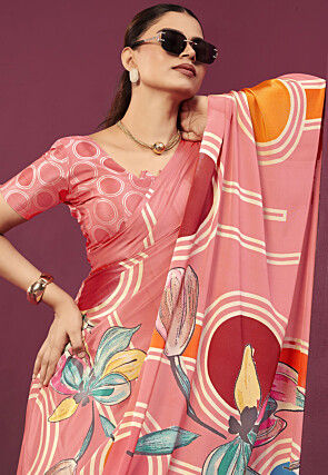 Digital Printed Crepe Saree in Peach