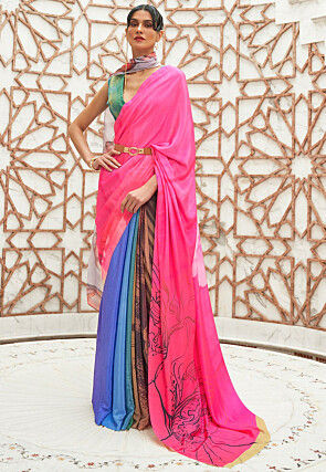 Digital Printed Crepe Saree in Pink and Blue