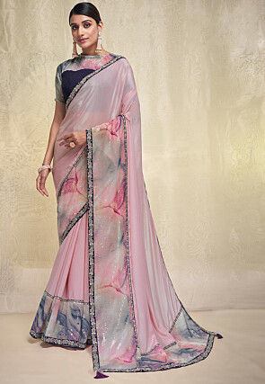 Digital Printed Crepe Saree in Pink