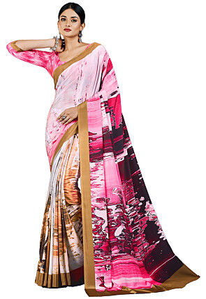 Digital Printed Crepe Saree in Pink