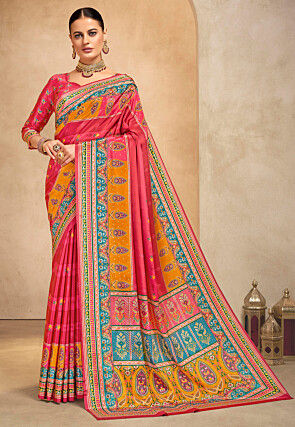 Digital Printed Crepe Saree in Pink