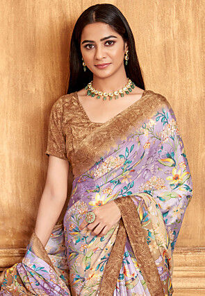 Digital Printed Crepe Saree in Purple