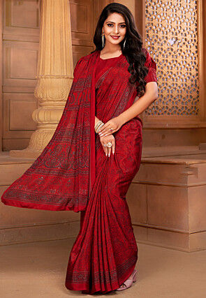 Digital Printed Crepe Saree in Red