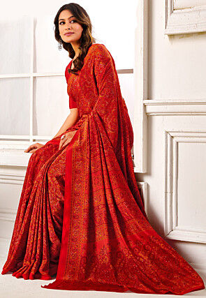 Digital Printed Crepe Saree in Red