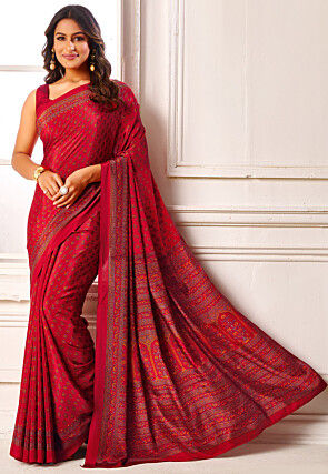 Digital Printed Crepe Saree in Red