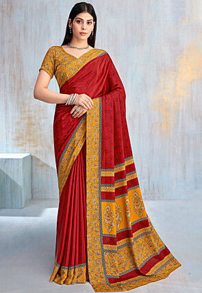 Digital Printed Crepe Saree in Red