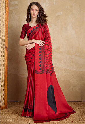 Digital Printed Crepe Saree in Red
