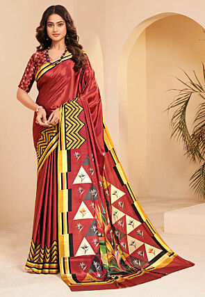 Digital Printed Crepe Saree in Red