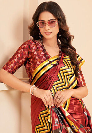 Digital Printed Crepe Saree in Red