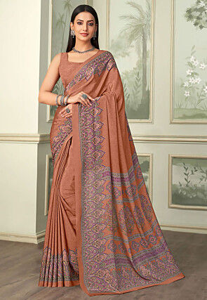 Digital Printed Crepe Saree in Brown