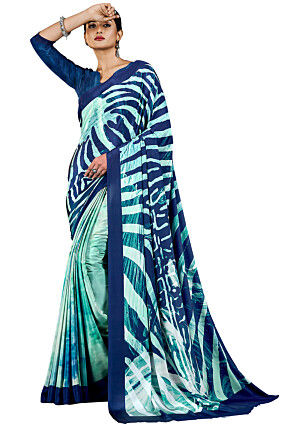 Digital Printed Crepe Saree in Sea Green