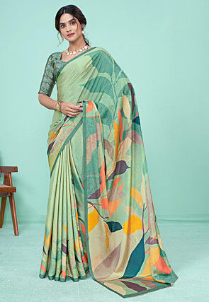 Digital Printed Crepe Saree in Sea Green