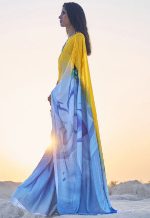 Digital Printed Crepe Saree in Shaded Blue and Yellow