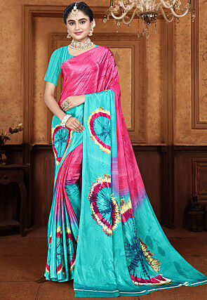Digital Printed Crepe Saree in Sky Blue and Pink