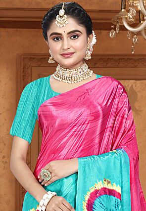 Digital Printed Crepe Saree in Sky Blue and Pink