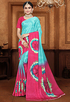 Digital Printed Crepe Saree in Sky Blue and Pink