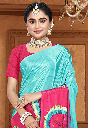 Digital Printed Crepe Saree in Sky Blue and Pink