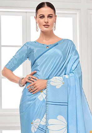 Digital Printed Crepe Saree in Sky Blue