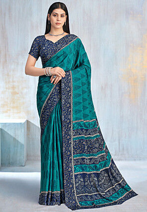 Digital Printed Crepe Saree in Teal Blue
