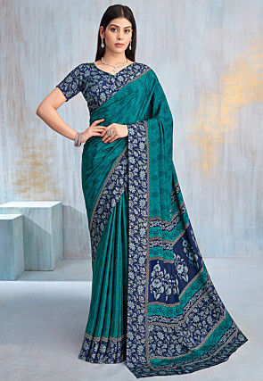 Digital Printed Crepe Saree in Teal Blue