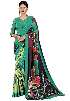 Digital Printed Crepe Saree in Teal Green