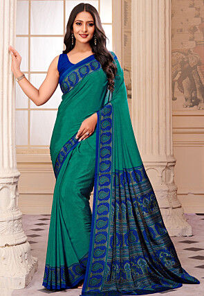 Digital Printed Crepe Saree in Teal Green