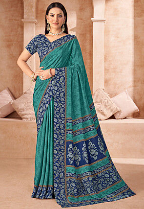 Digital Printed Crepe Saree in Teal Green