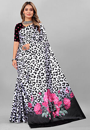 Digital Printed Crepe Saree in White