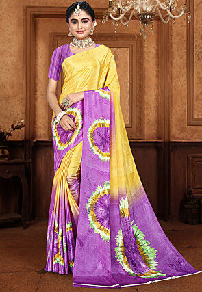 Digital Printed Crepe Saree in Yellow and Purple
