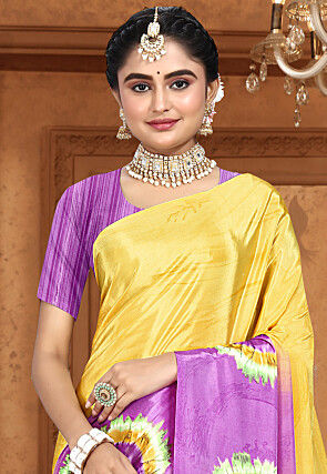 Digital Printed Crepe Saree in Yellow and Purple