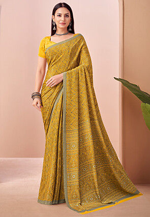 Digital Printed Crepe Saree in Yellow