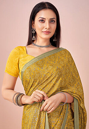 Digital Printed Crepe Saree in Yellow