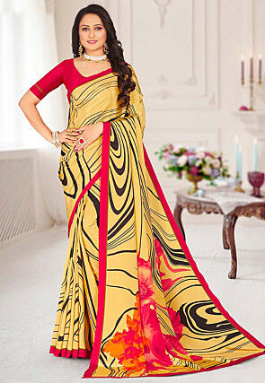 YELLOW COLOUR CREPE SILK READYMADE SAREE WITH EMBROIDERED BLOUSE EMBEL –  Kothari Sons