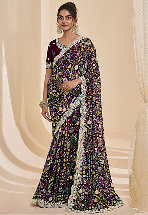 Digital Printed Crepe Scalloped Saree in Wine