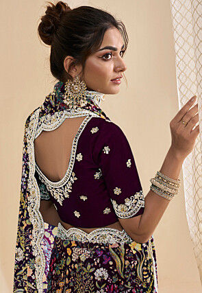 Digital Printed Crepe Scalloped Saree in Wine