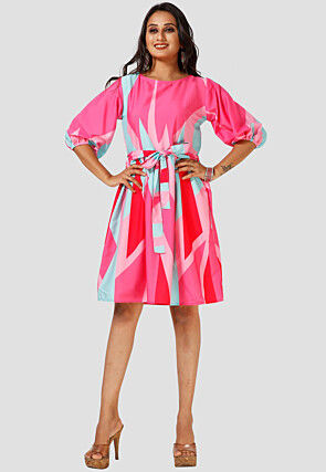 Digital Printed Crepe Short Dress in Pink