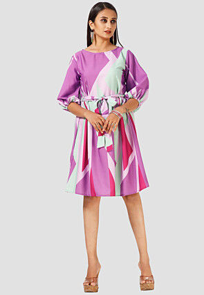 Digital Printed Crepe Short Dress in Purple