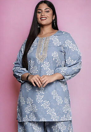 Digital Printed Crepe Kurti in Dusty Blue