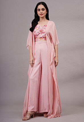 Digital Printed Crepe Silk Crop Top Set in Peach