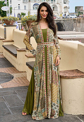 green indo western dress for female Indo-Western Party Wear Women in Color: Buy Online crop top mehendi green indo western dress