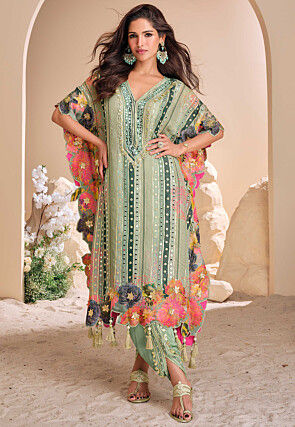 Digital Printed Crepe Silk Kaftan Set in Light Green