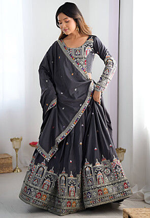 Digital Printed Crepe Silk Lehenga in Grey