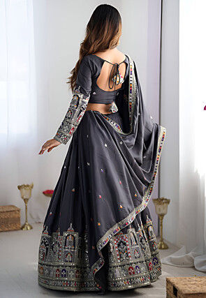 Digital Printed Crepe Silk Lehenga in Grey