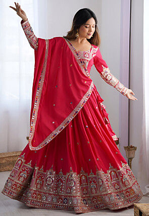 Digital Printed Crepe Silk Lehenga in Red