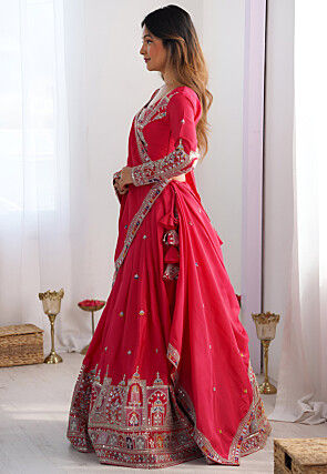 Digital Printed Crepe Silk Lehenga in Red