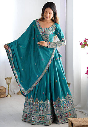Digital Printed Crepe Silk Lehenga in Teal Blue