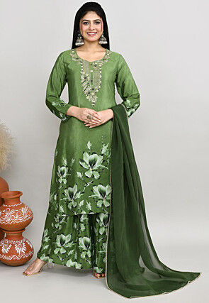 Digital Printed Crepe Silk Pakistani Suit in Green